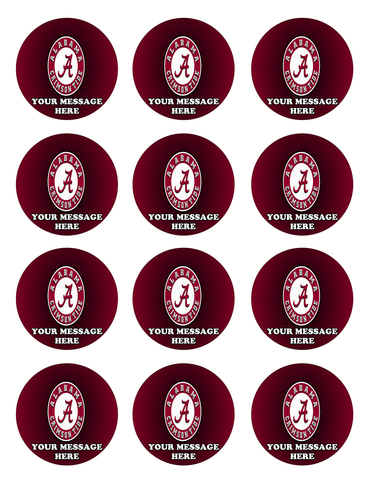 Alabama Crimson Tide Edible Cupcake Toppers (12 Images) Cake Image Icing Sugar Sheet