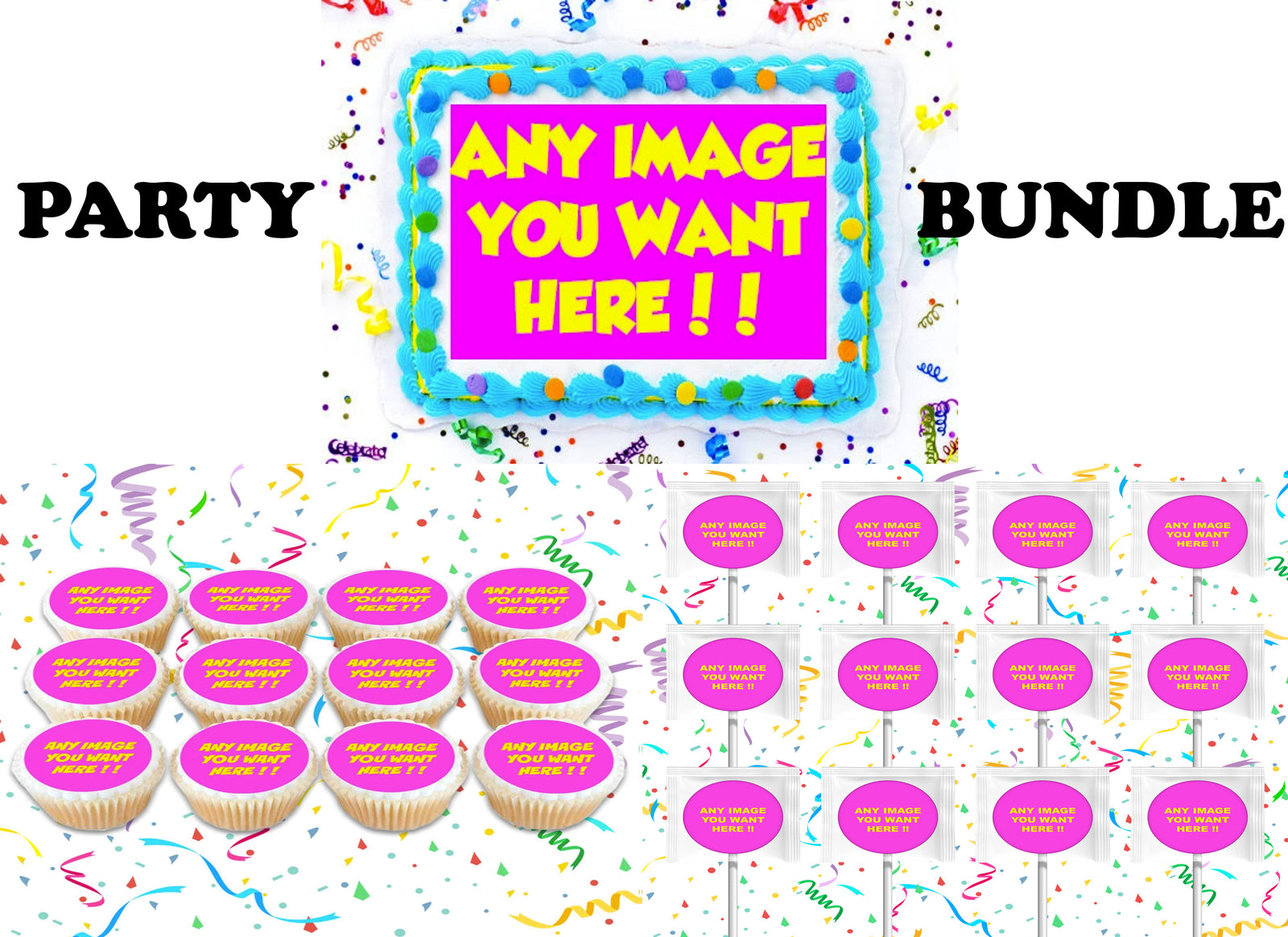 Custom Order 3 Pc Set Edible Rectangular Image Cake Topper, Personalized Cupcakes, Lollipop Party Favors, Create Your Own