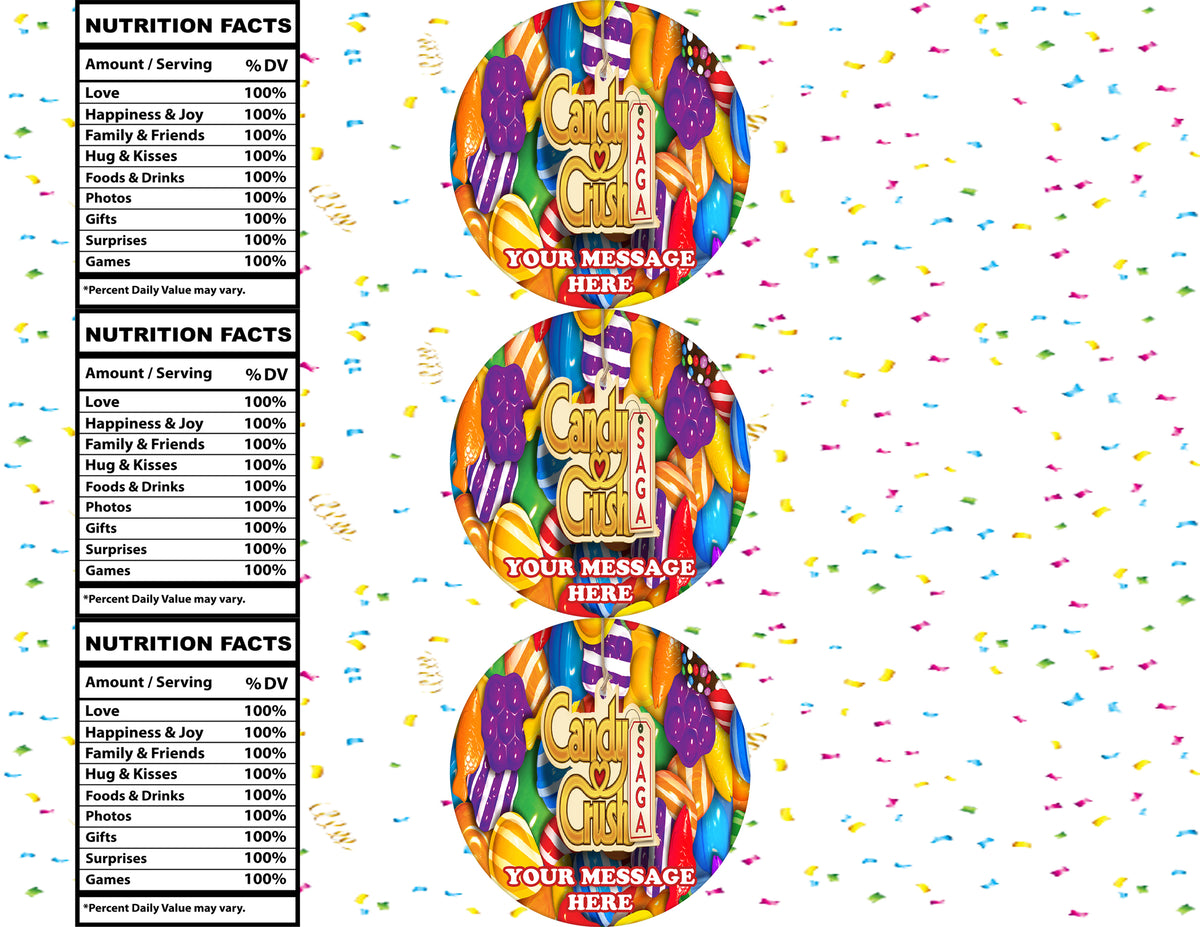 Candy Crush Water Bottle Stickers 12 Pcs Labels Party Favors Supplies Decorations