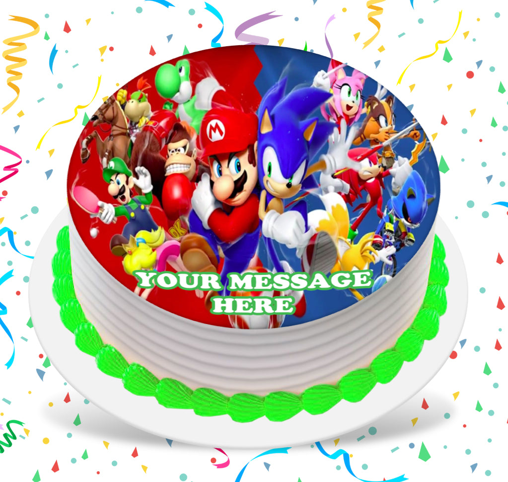 Mario &amp; Sonic At The Olympic Games Edible Image Cake Topper Personalized Birthday Sheet Custom Frosting Round Circle