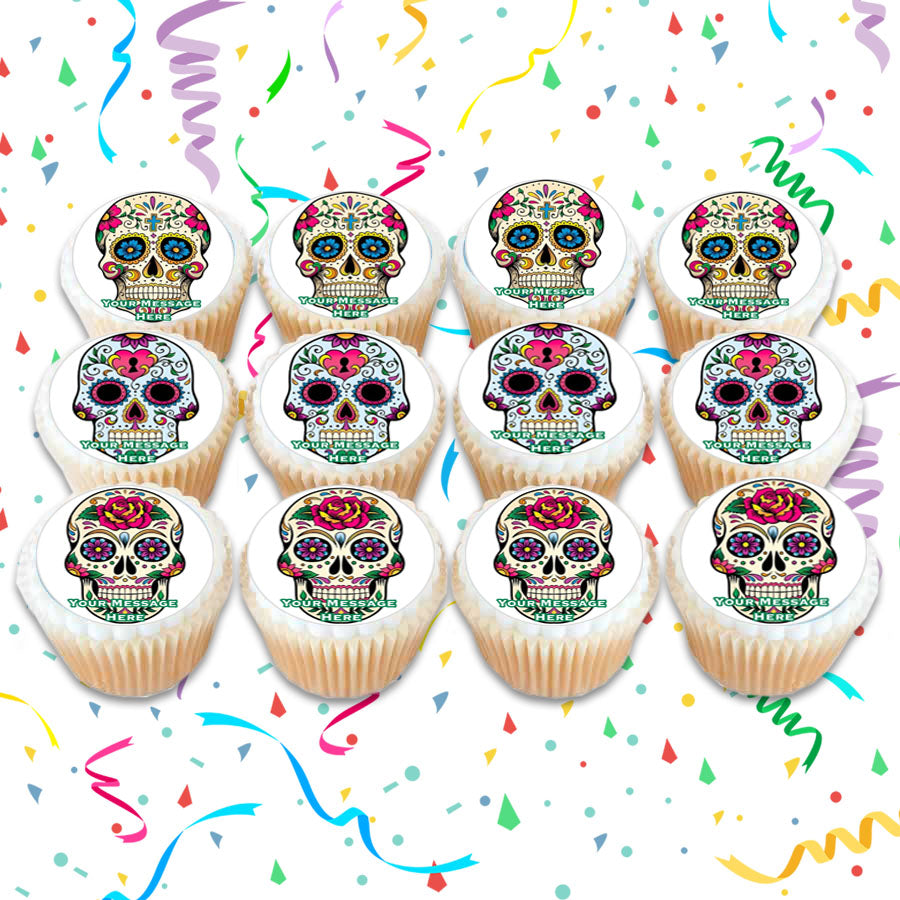 Sugar Skull Day Of The Dead Halloween Edible Cupcake Toppers (12 Images) Cake Image Icing Sugar Sheet Decorations